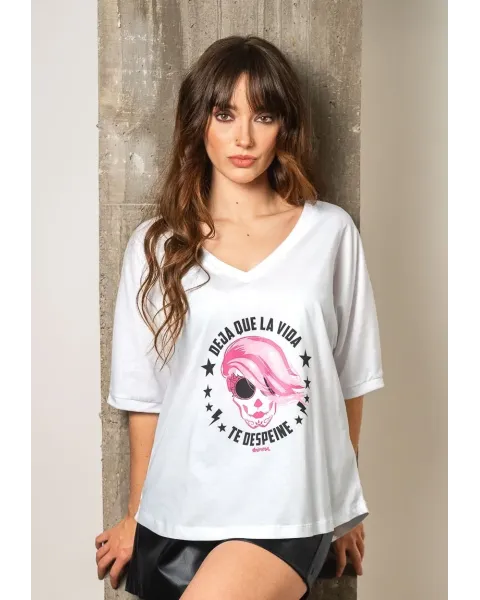 T-shirt Branca de Algodão Deja Que La Vida Te Despeine Animosa | Maldita
