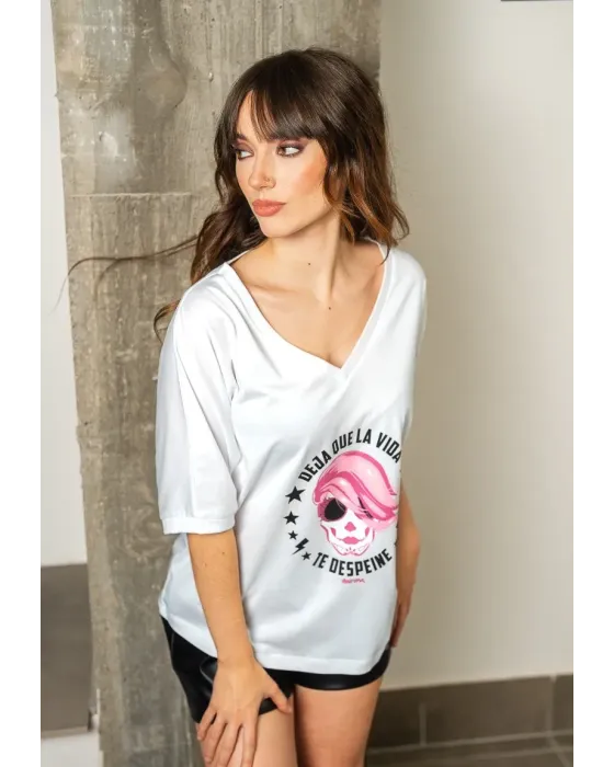 Camiseta Blanca de Algodón Deja Que La Vida Te Despeine Animosa | Maldita