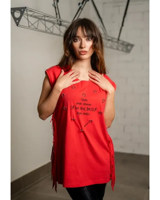 T-shirt Vermelha de Algodão com Franjas Luz Interior Animosa | Maldita