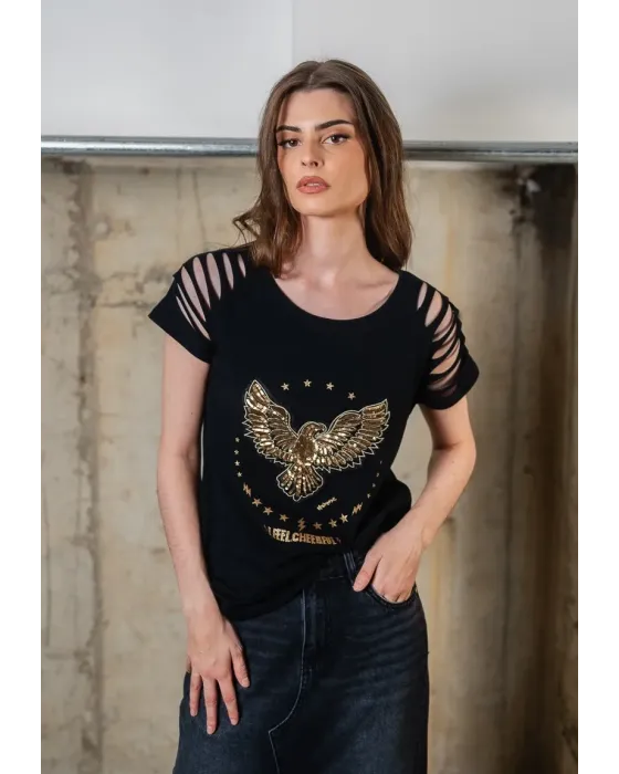 Camiseta Negra de Algodón con Águila de Lentejuelas Animosa | Maldita
