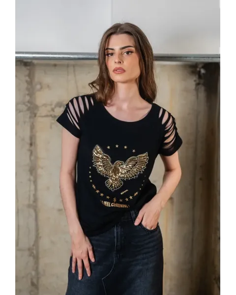Camiseta Negra de Algodón con Águila de Lentejuelas Animosa | Maldita