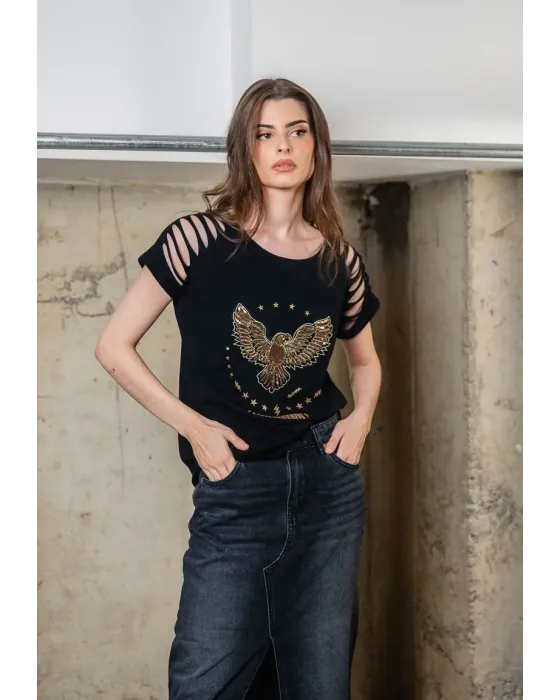 Camiseta Negra de Algodón con Águila de Lentejuelas Animosa | Maldita