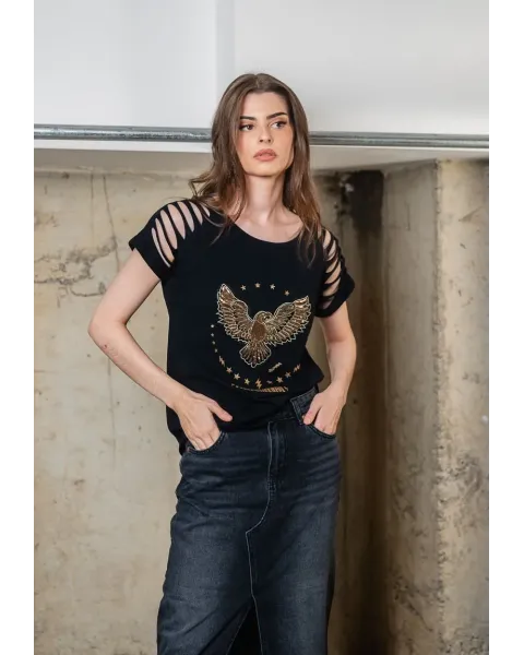 Camiseta Negra de Algodón con Águila de Lentejuelas Animosa | Maldita