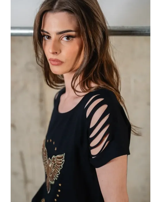 T-shirt Preta de Algodão com Águia de Lantejoulas Animosa | Maldita
