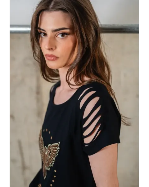 T-shirt Preta de Algodão com Águia de Lantejoulas Animosa | Maldita