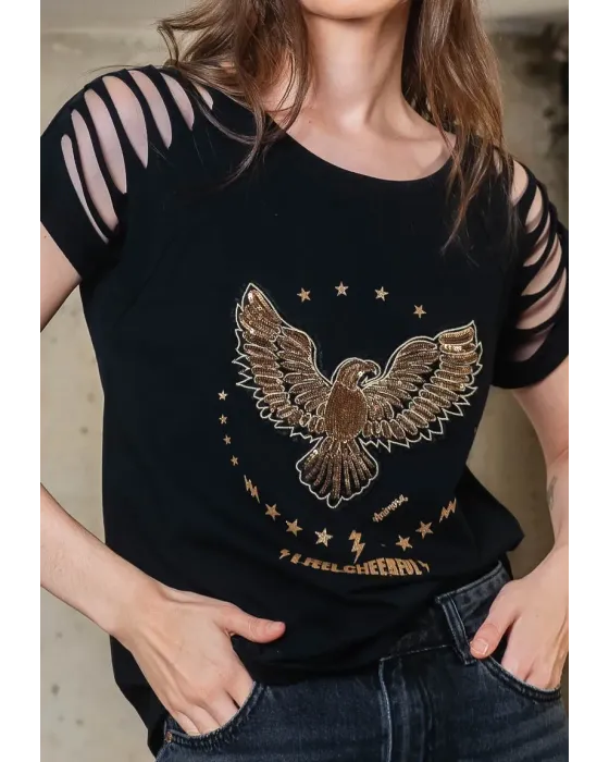 Camiseta Negra de Algodón con Águila de Lentejuelas Animosa | Maldita