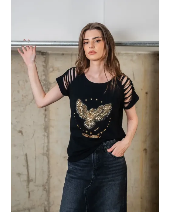 Camiseta Negra de Algodón con Águila de Lentejuelas Animosa | Maldita