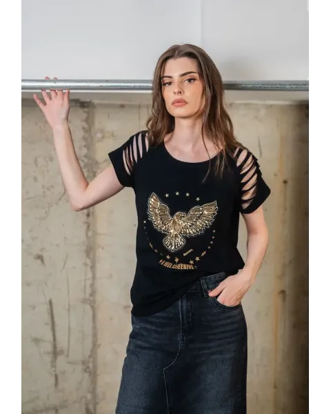 Camiseta Negra de Algodón con Águila de Lentejuelas Animosa | Maldita