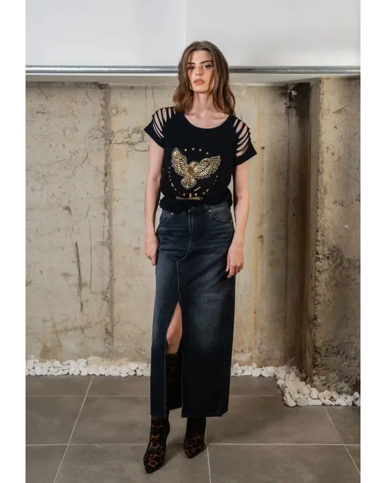 Camiseta Negra de Algodón con Águila de Lentejuelas Animosa | Maldita