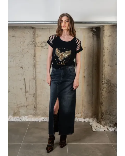 Camiseta Negra de Algodón con Águila de Lentejuelas Animosa | Maldita