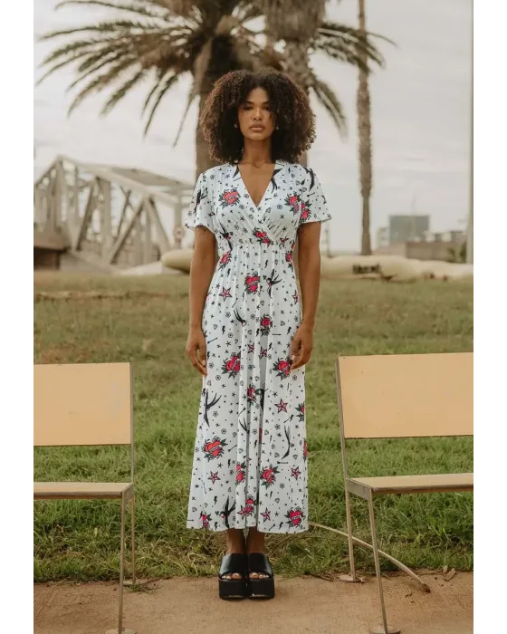 Vestido Comprido Estampado Tatuagem Old School Animosa | Maldita