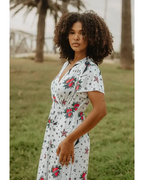 Vestido Comprido Estampado Tatuagem Old School Animosa | Maldita
