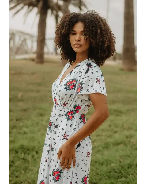 Vestido Comprido Estampado Tatuagem Old School Animosa | Maldita