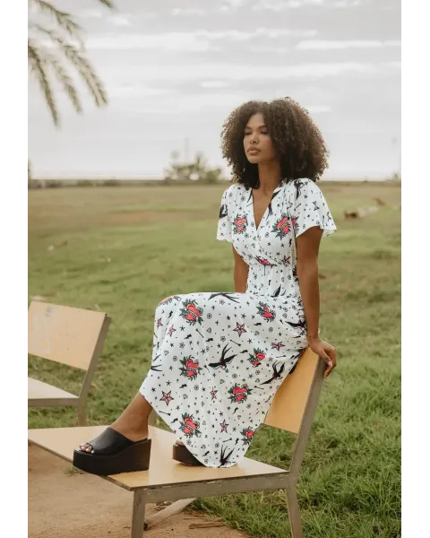 Vestido Comprido Estampado Tatuagem Old School Animosa | Maldita