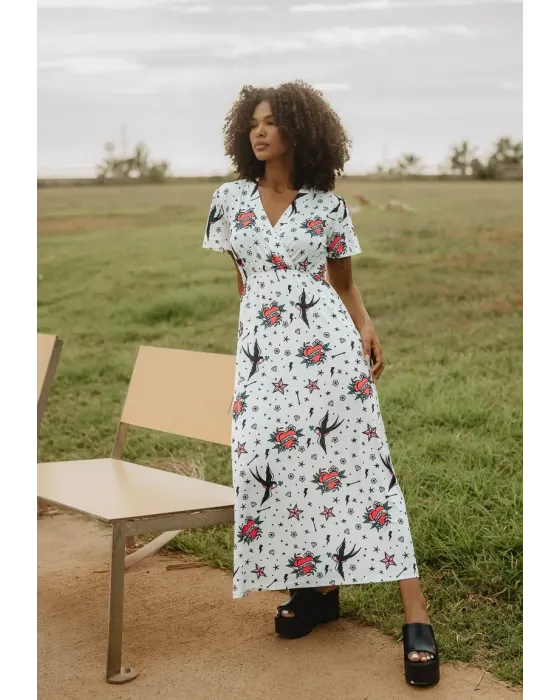 Vestido Comprido Estampado Tatuagem Old School Animosa | Maldita