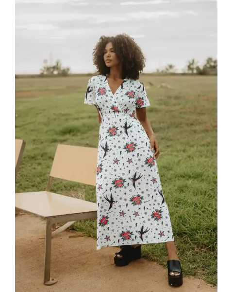 Vestido Comprido Estampado Tatuagem Old School Animosa | Maldita