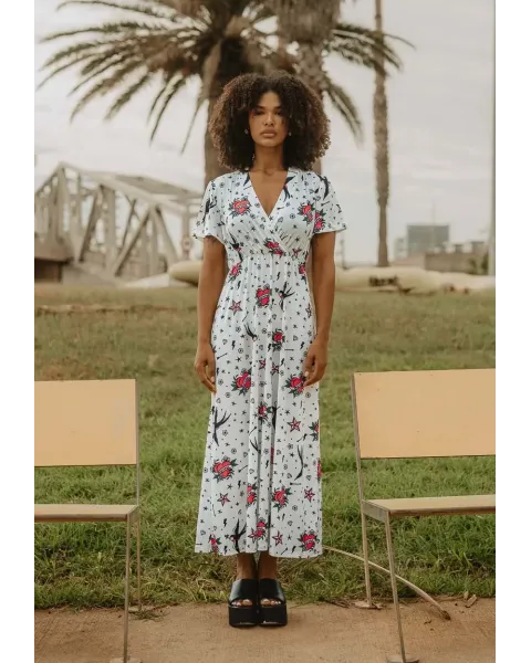 Vestido Comprido Estampado Tatuagem Old School Animosa | Maldita
