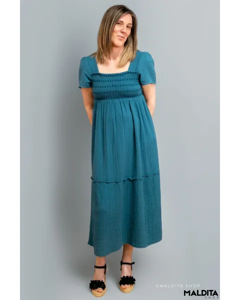 Vestido Midi Verde Océano Textura Rústica Komodo | Maldita