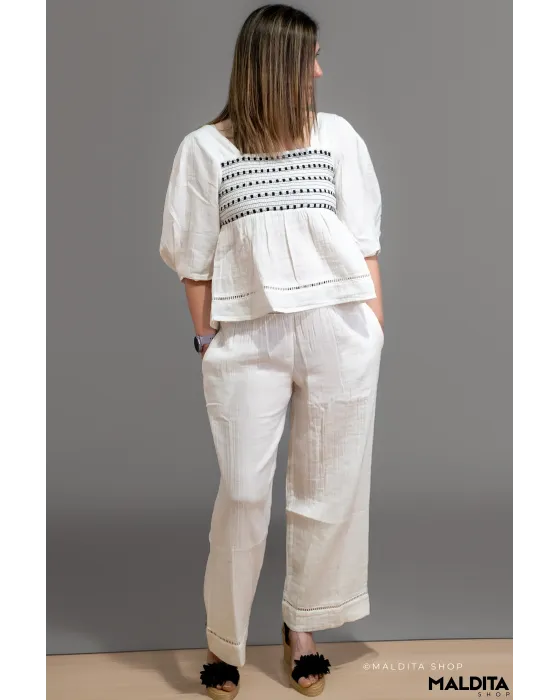 Pantalón Palazzo Blanco Rústico Boho Rhosilli | Maldita