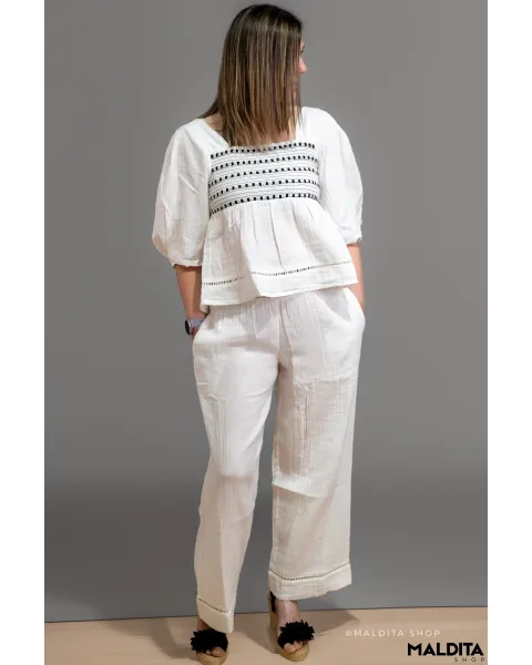Pantalón Palazzo Blanco Rústico Boho Rhosilli | Maldita