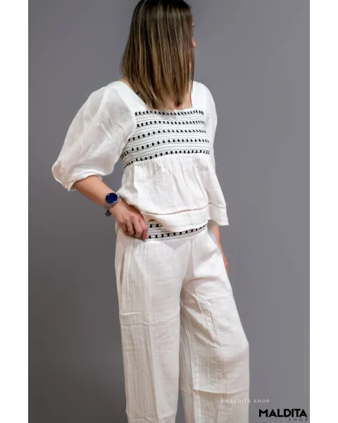 Pantalón Palazzo Blanco Rústico Boho Rhosilli | Maldita