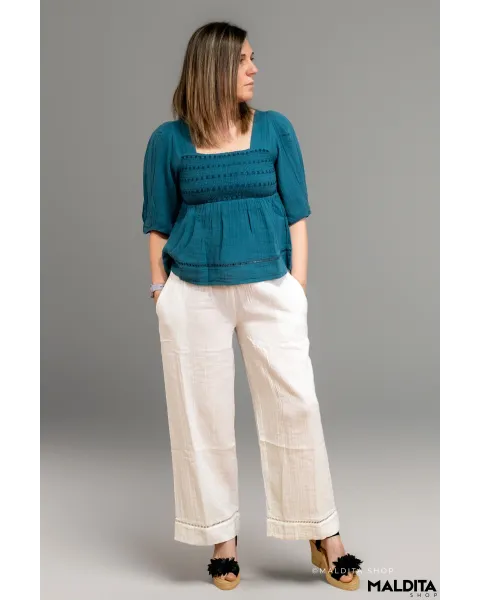 Pantalón Palazzo Blanco Rústico Boho Rhosilli | Maldita