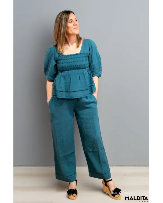 Pantalón Palazzo Verde Océano Rústico Boho Rhosilli | Maldita