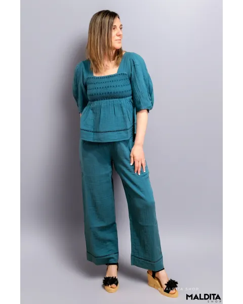 Pantalón Palazzo Verde Océano Rústico Boho Rhosilli | Maldita