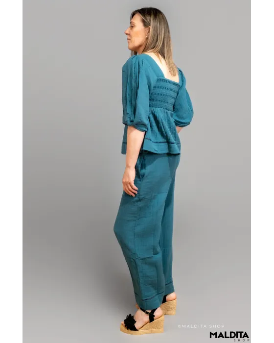 Pantalón Palazzo Verde Océano Rústico Boho Rhosilli | Maldita