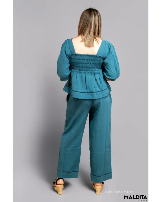 Pantalón Palazzo Verde Océano Rústico Boho Rhosilli | Maldita