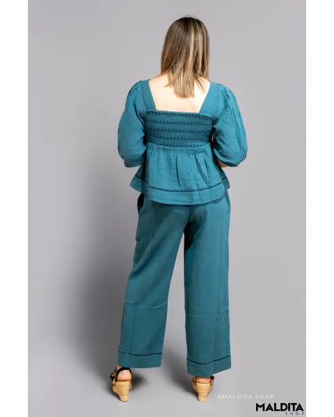 Pantalón Palazzo Verde Océano Rústico Boho Rhosilli | Maldita