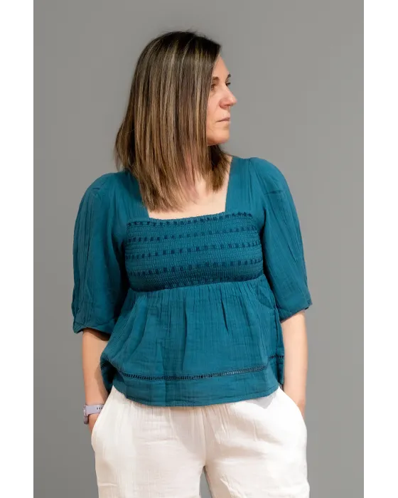 Blusa Manga Corta Verde Océano Bordada Boho Benome | Maldita