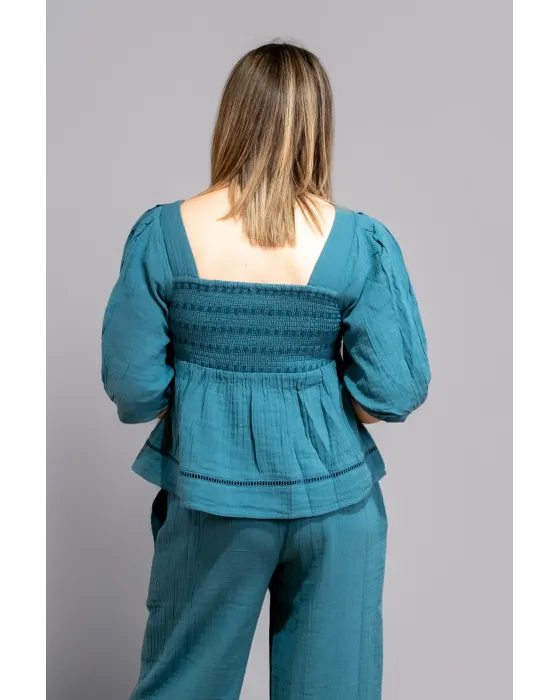 Blusa de Manga Curta Verde Oceano Bordada Boho Benome | Maldita