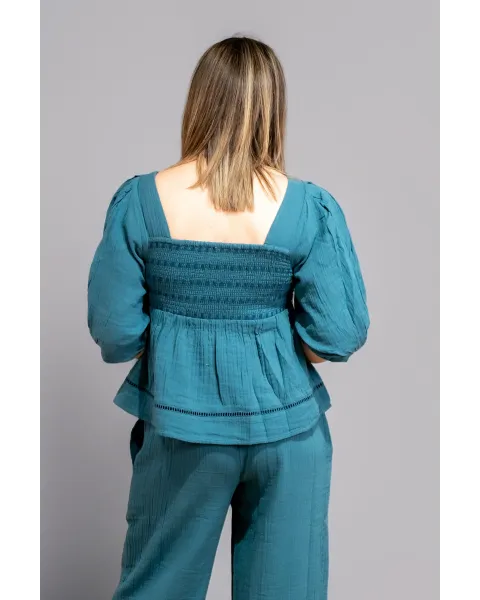 Blusa Manga Corta Verde Océano Bordada Boho Benome | Maldita