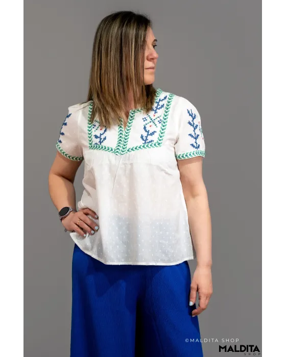 Blusa Blanca con Bordados Étnicos Folk Lohja | Maldita