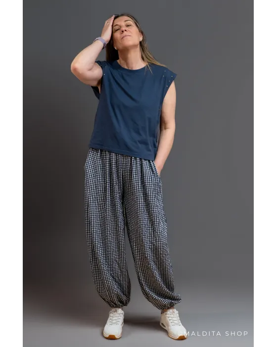 Pantalón Bombacho Cuadros Vichy Azul Marino | Maldita