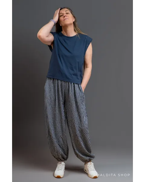 Pantalón Bombacho Cuadros Vichy Azul Marino | Maldita
