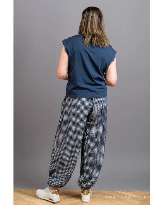 Pantalón Bombacho Cuadros Vichy Azul Marino | Maldita