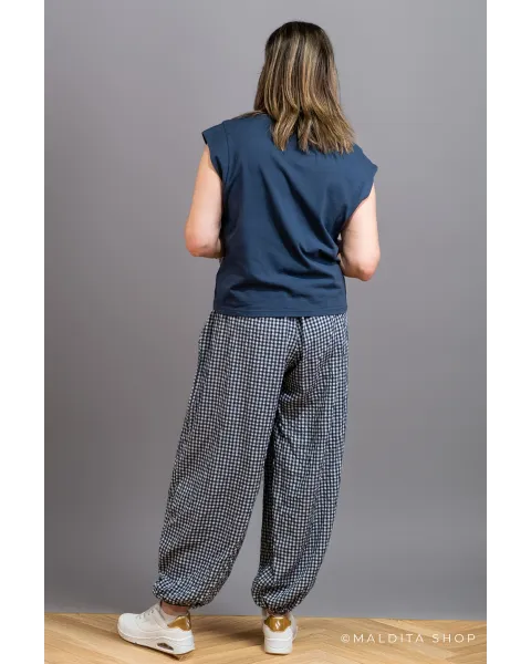 Pantalón Bombacho Cuadros Vichy Azul Marino | Maldita