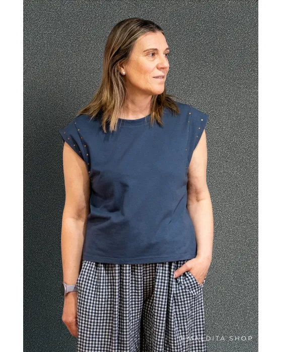 Camisola de Algodão com Tachas Azul Marinho | Maldita