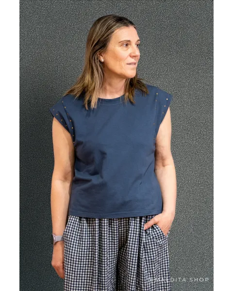 Camisola de Algodão com Tachas Azul Marinho | Maldita
