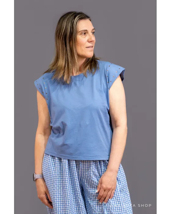 Camiseta de Algodón con Tachas Azul Celeste | Maldita