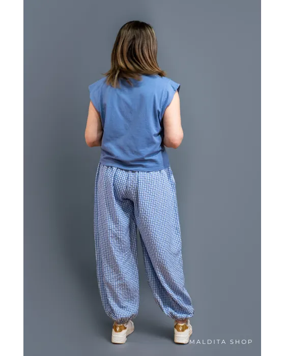 Pantalón Bombacho Cuadros Vichy Azul Celeste | Maldita