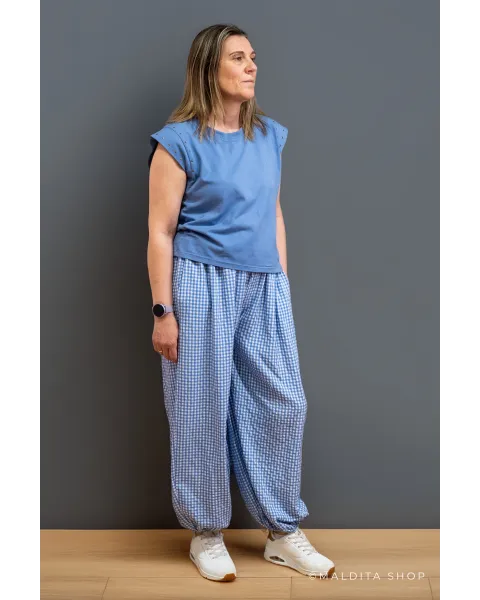 Pantalón Bombacho Cuadros Vichy Azul Celeste | Maldita
