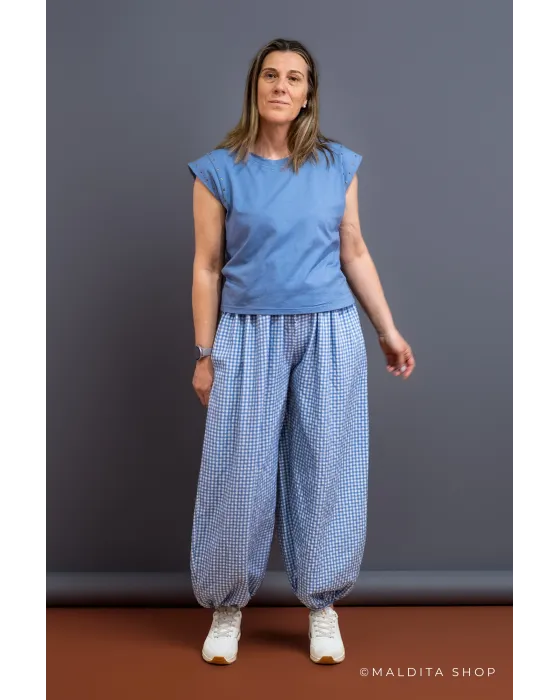 Pantalón Bombacho Cuadros Vichy Azul Celeste | Maldita