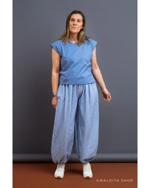 Pantalón Bombacho Cuadros Vichy Azul Celeste | Maldita