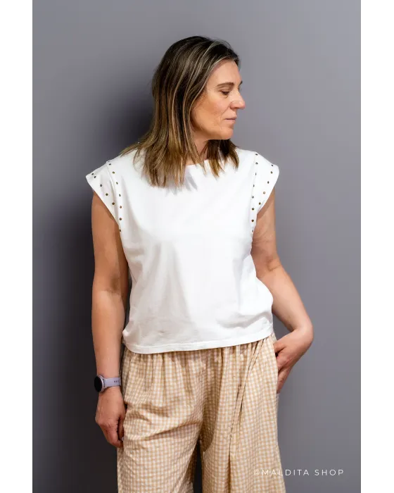 Camiseta de Algodón con Tachas Blanca | Maldita