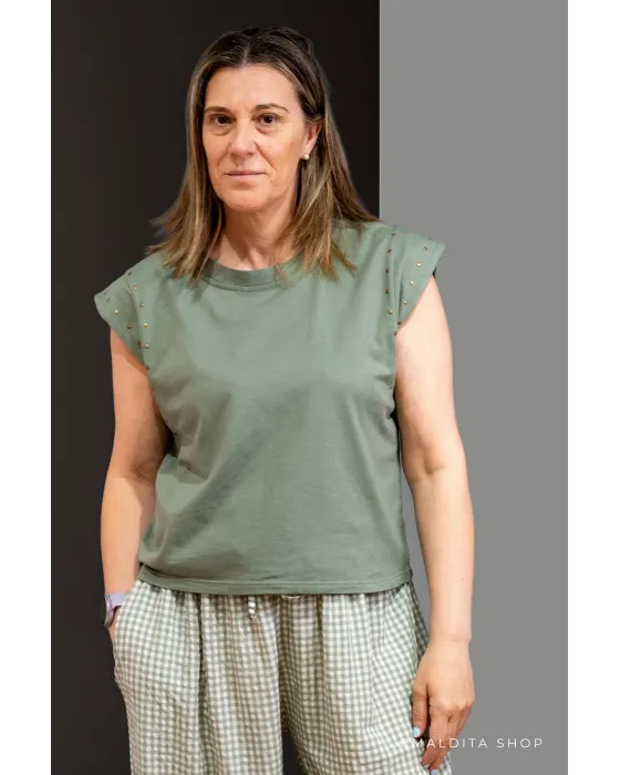 Camiseta de Algodón con Tachas Verde | Maldita