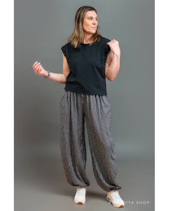 Pantalón Bombacho Cuadros Vichy Negro | Maldita