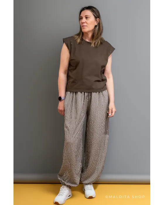 Pantalón Bombacho Cuadros Vichy Marrón Chocolate | Maldita
